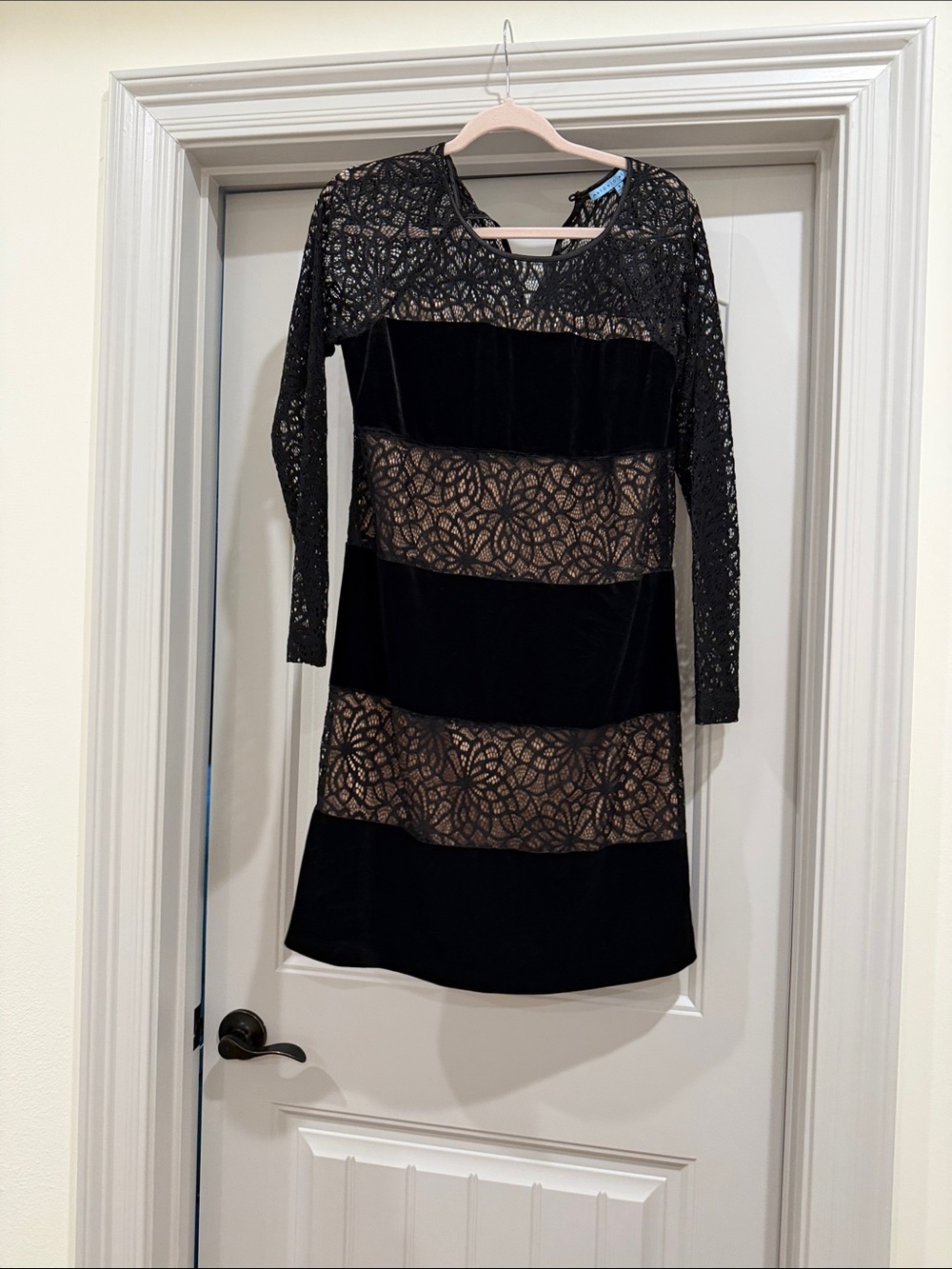 ANTONIO MELANI Black Lace & Velvet Stripe Long Sleeve Cocktail Dress